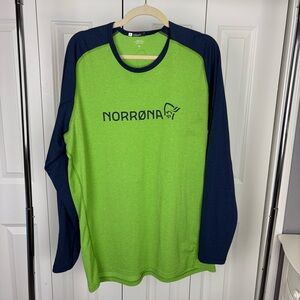 Norrøna Men's Lime Green and Navy Long Sleeve Shirt